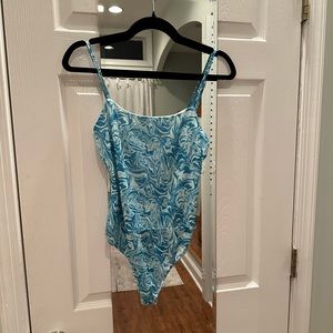 Le Lis Collection blue and white swirl abstract bodysuit semi-sheer mesh medium